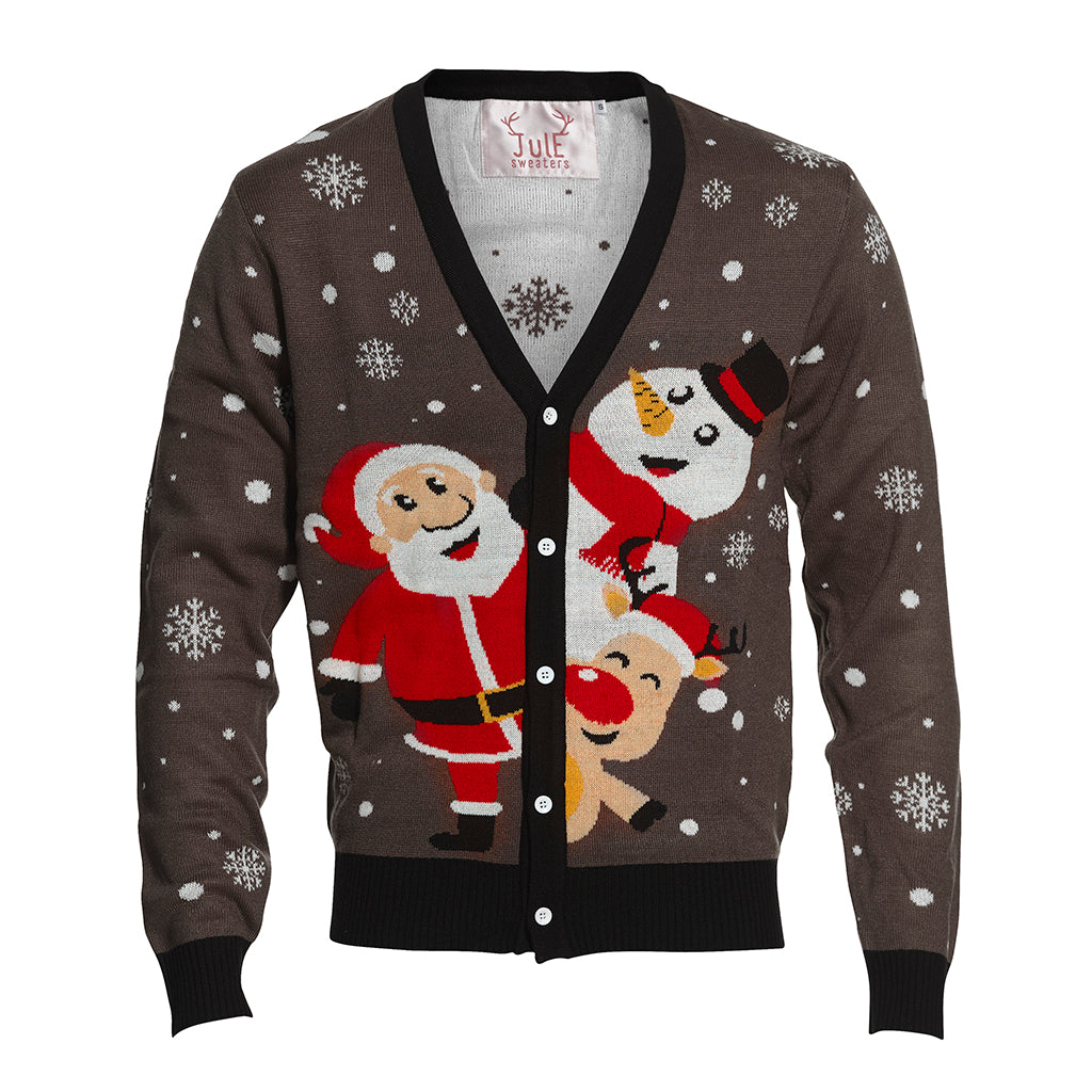 Grå julkofta med tomte, Rudolf och snögubbe.