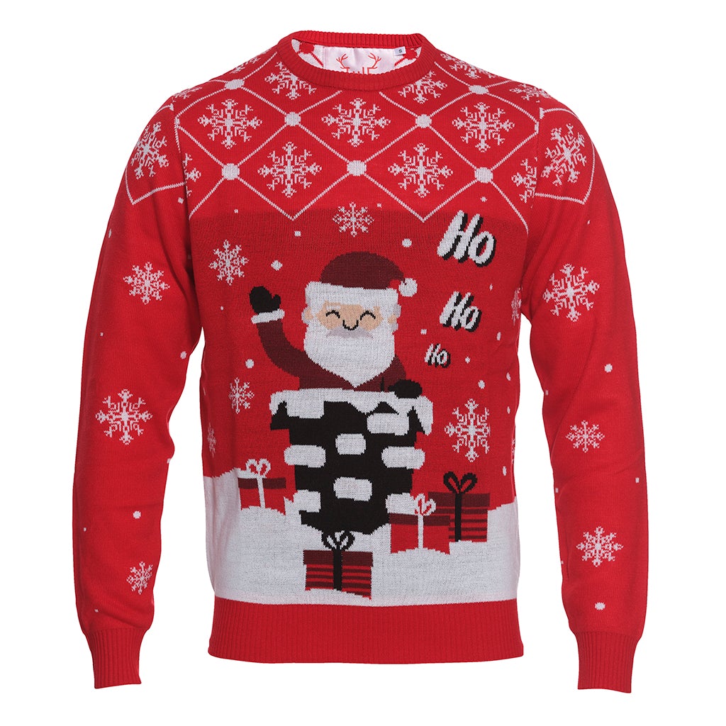 En röd jultröja med en jultomte på.