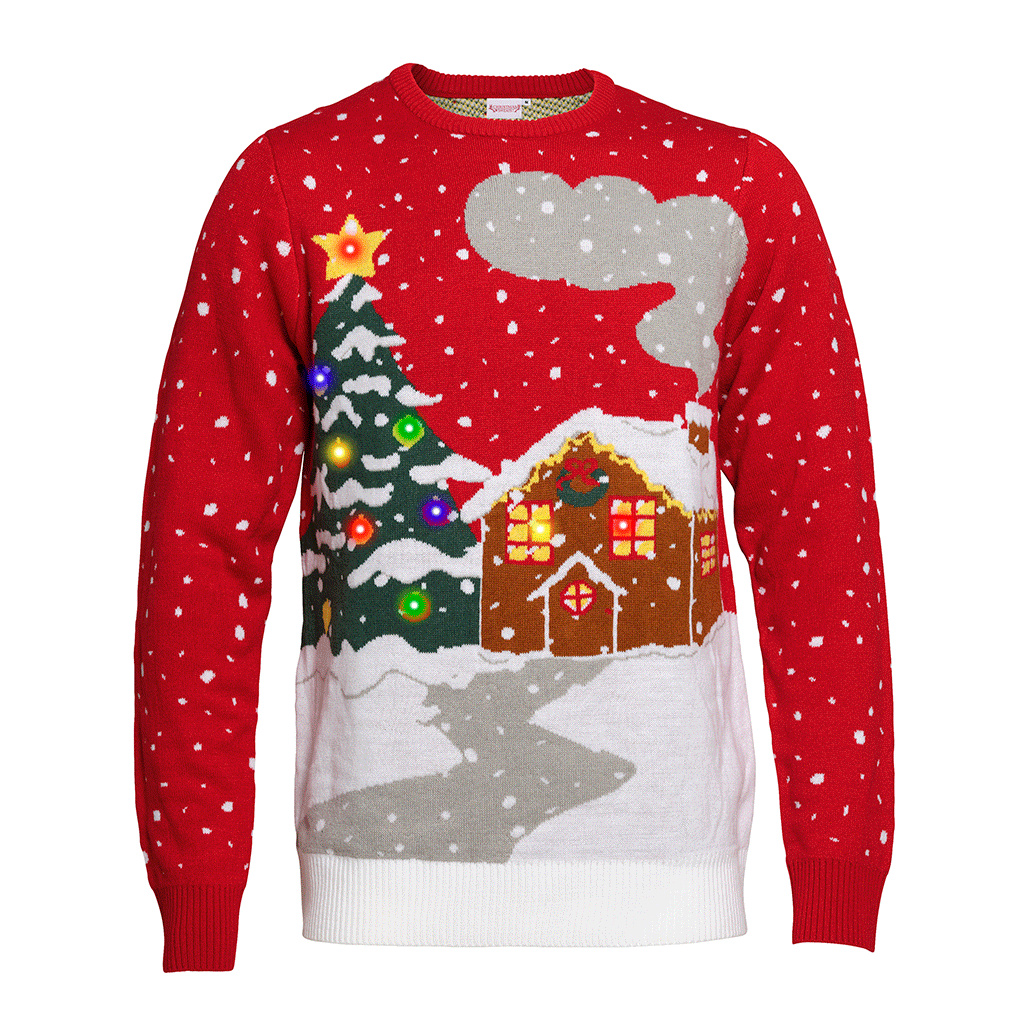 En röd jultröja med ett snölandskap.