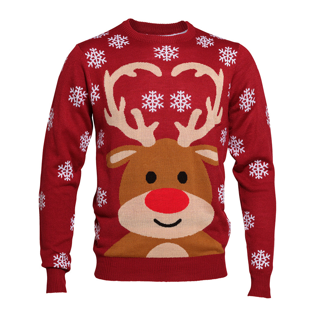 En röd jultröja med en ren och snöflingor på.