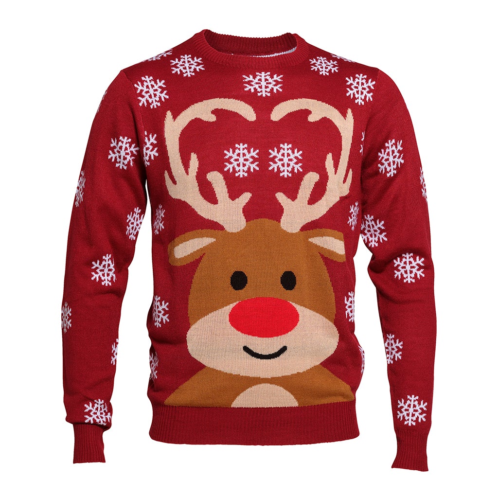 En röd jultröja med en ren och snöflingor på.