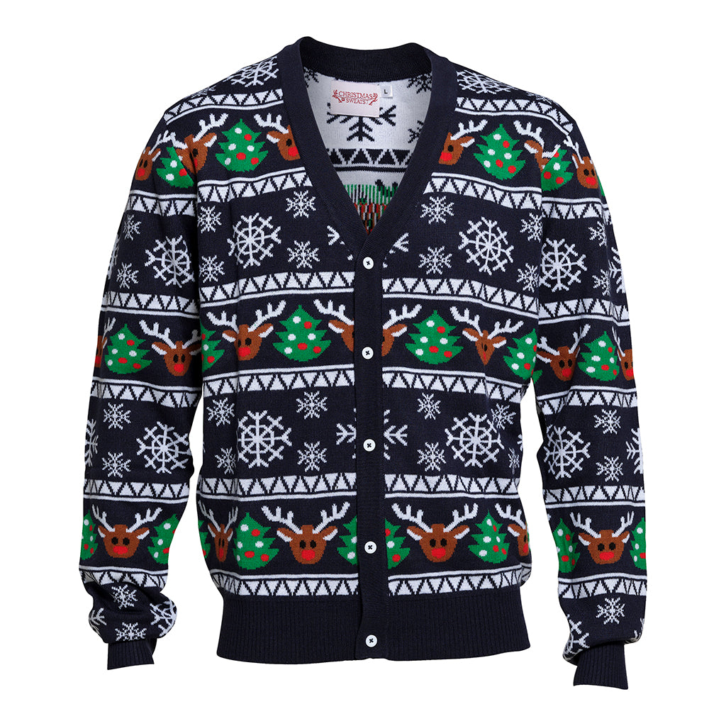 En mörkblå julkofta med julgranar och snöflingor.