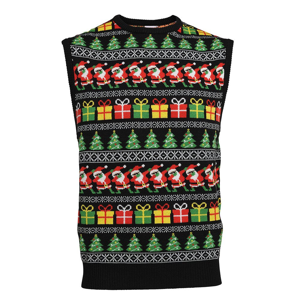 Svart julväst med julklappar, julgranar och tomtar.