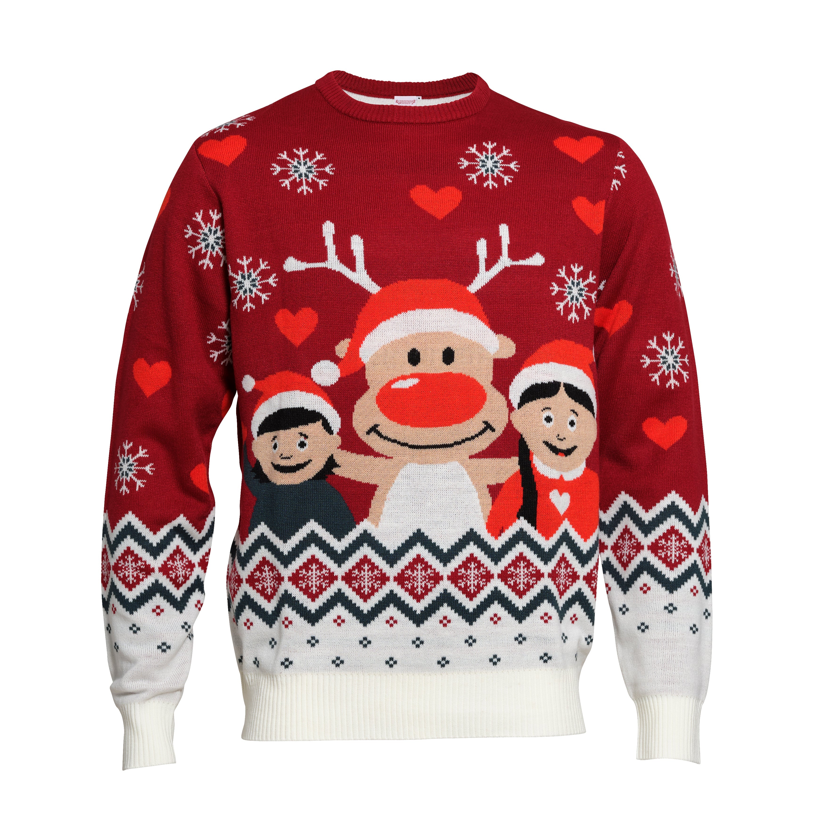 Röd jultröja med Rudolf och barn på.