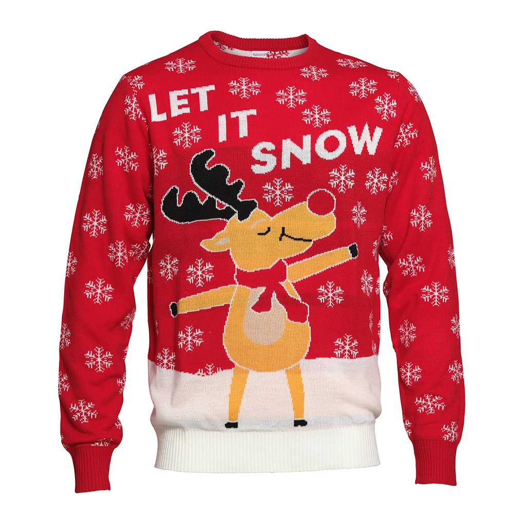 En röd jultröja med en ren och texten 