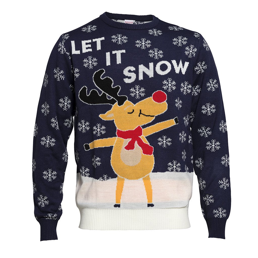 En blå jultröja med en ren och citatet 