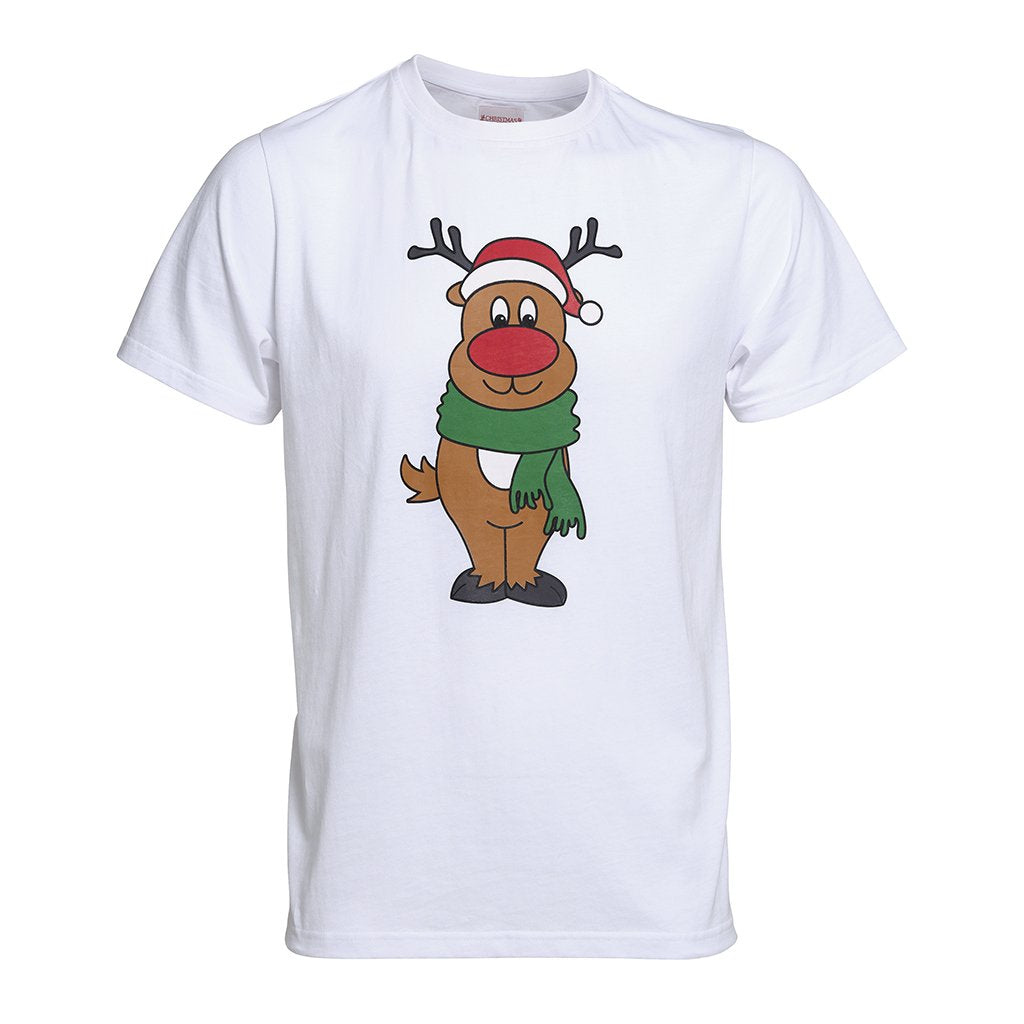 En vit T-shirt med Rudolf på.