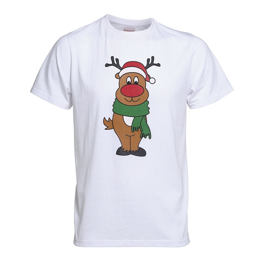 En vit T-shirt med Rudolf på.