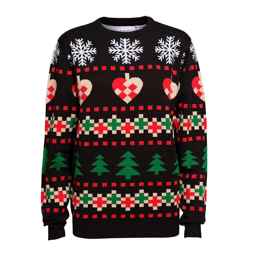 Svart jultröja med snöflingor, julgranar och mönster.