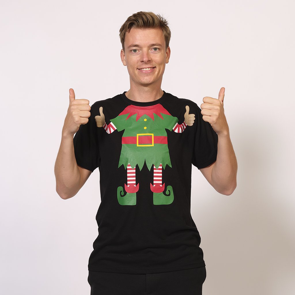 En man som bär en svart jultröja med en tomtekropp på.