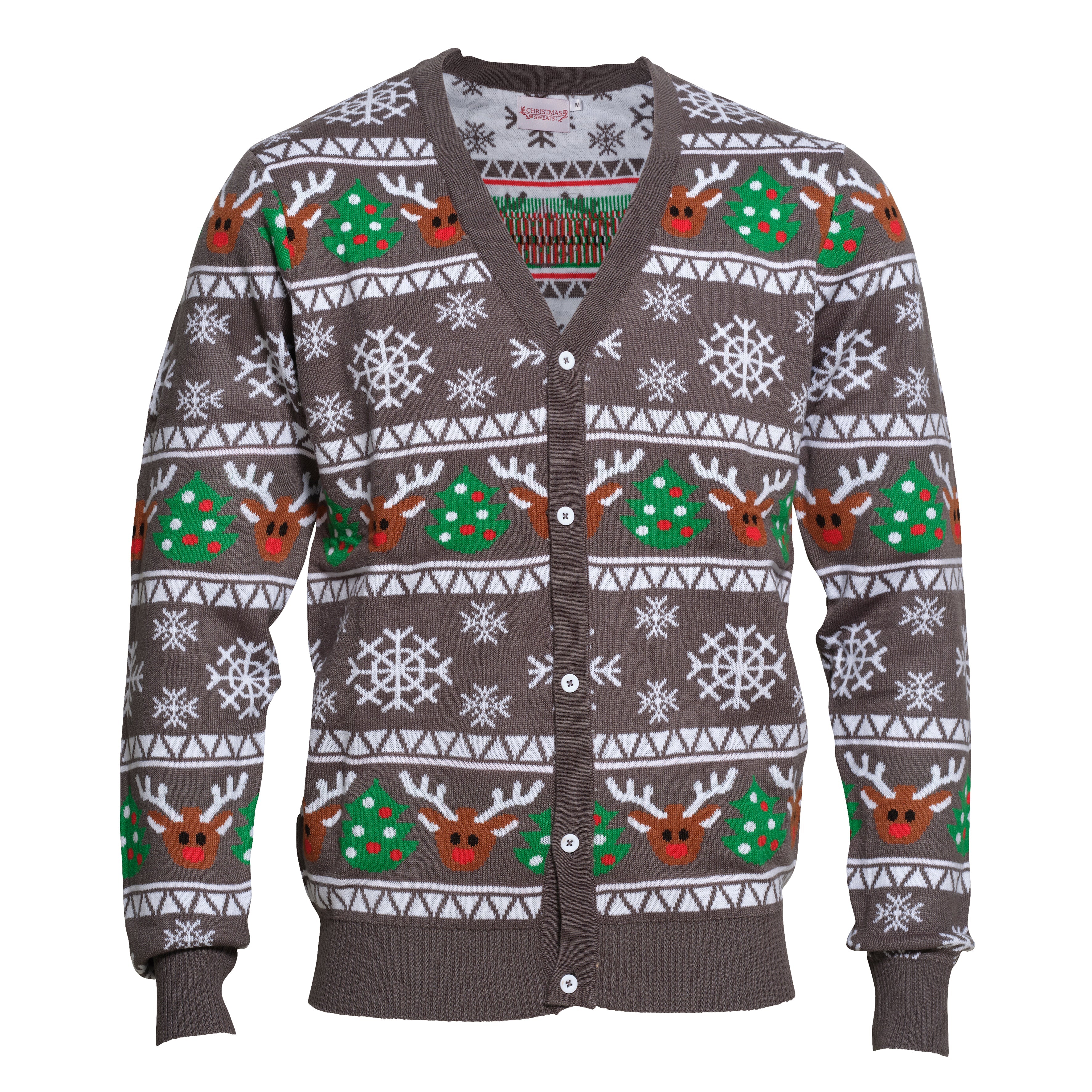Grå julkofta med renar, julgranar och snöflingor.