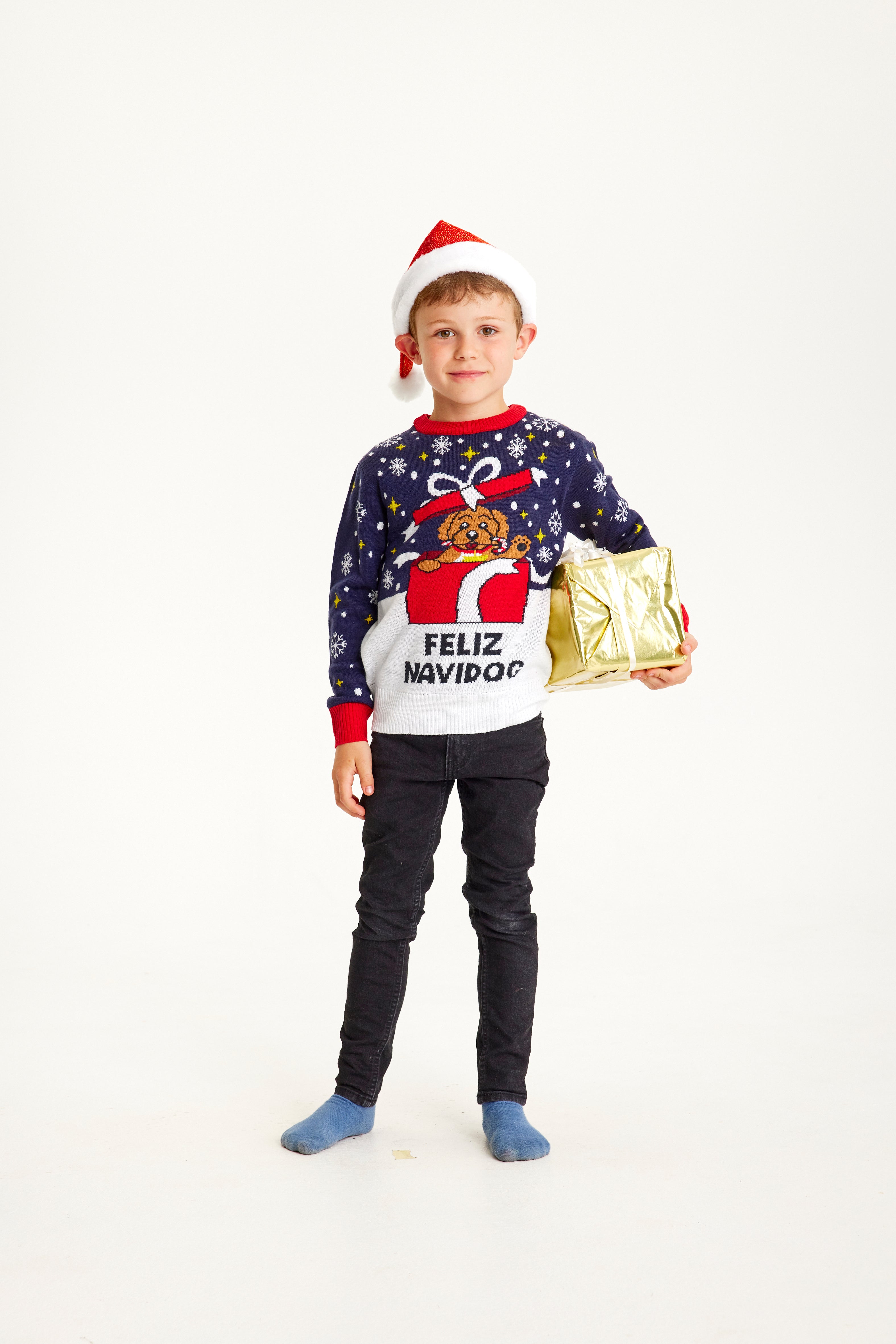 Ett barn i en blå jultröja med en hund och texten 