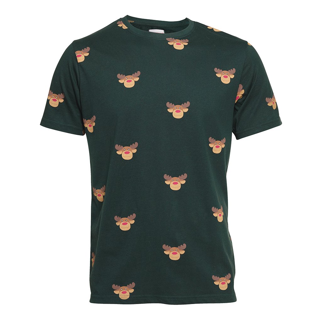En mörkgrön T-shirt med renar på.